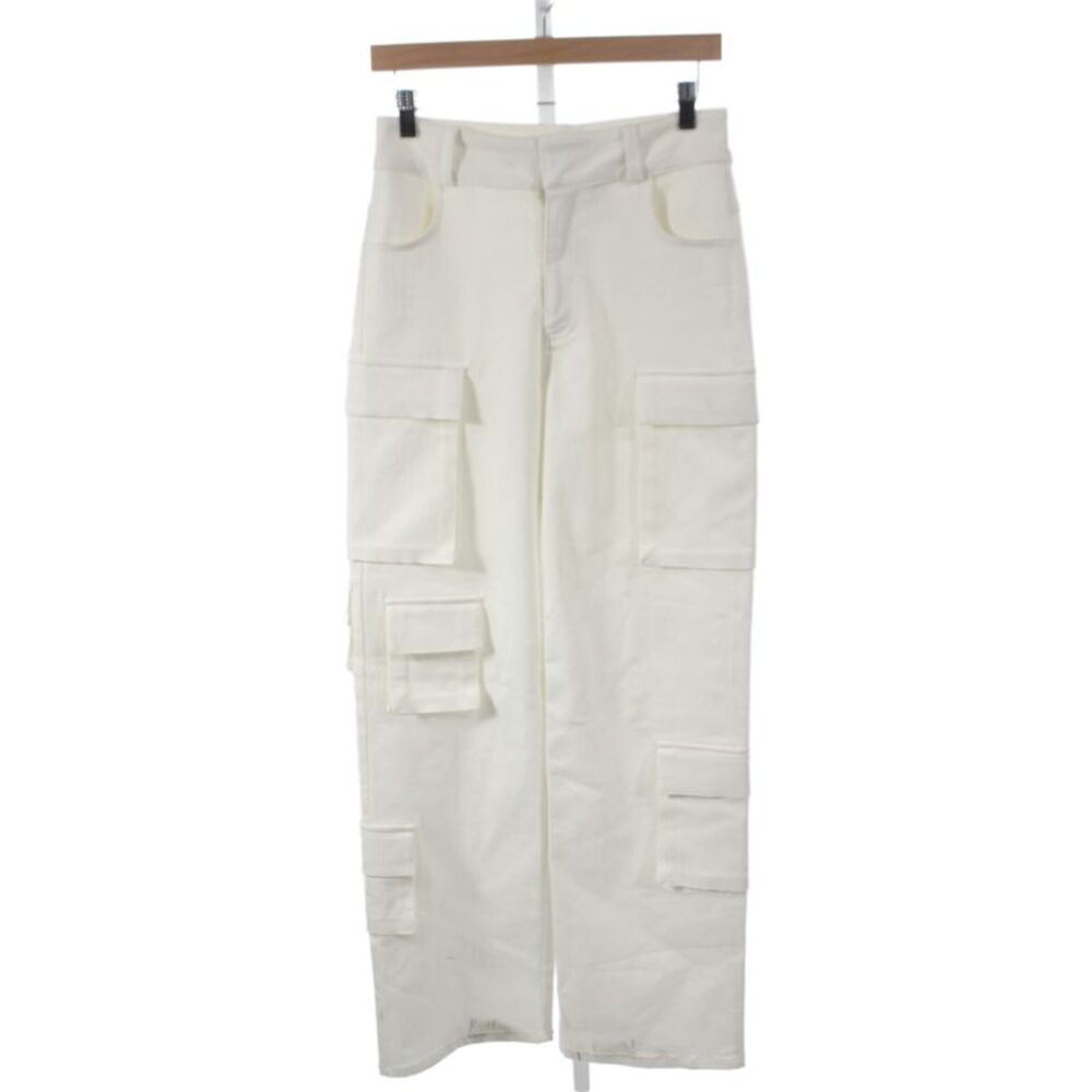 Designer Women White Cargo Pants 98% Cotton Button Closure 32in Inseam Size S